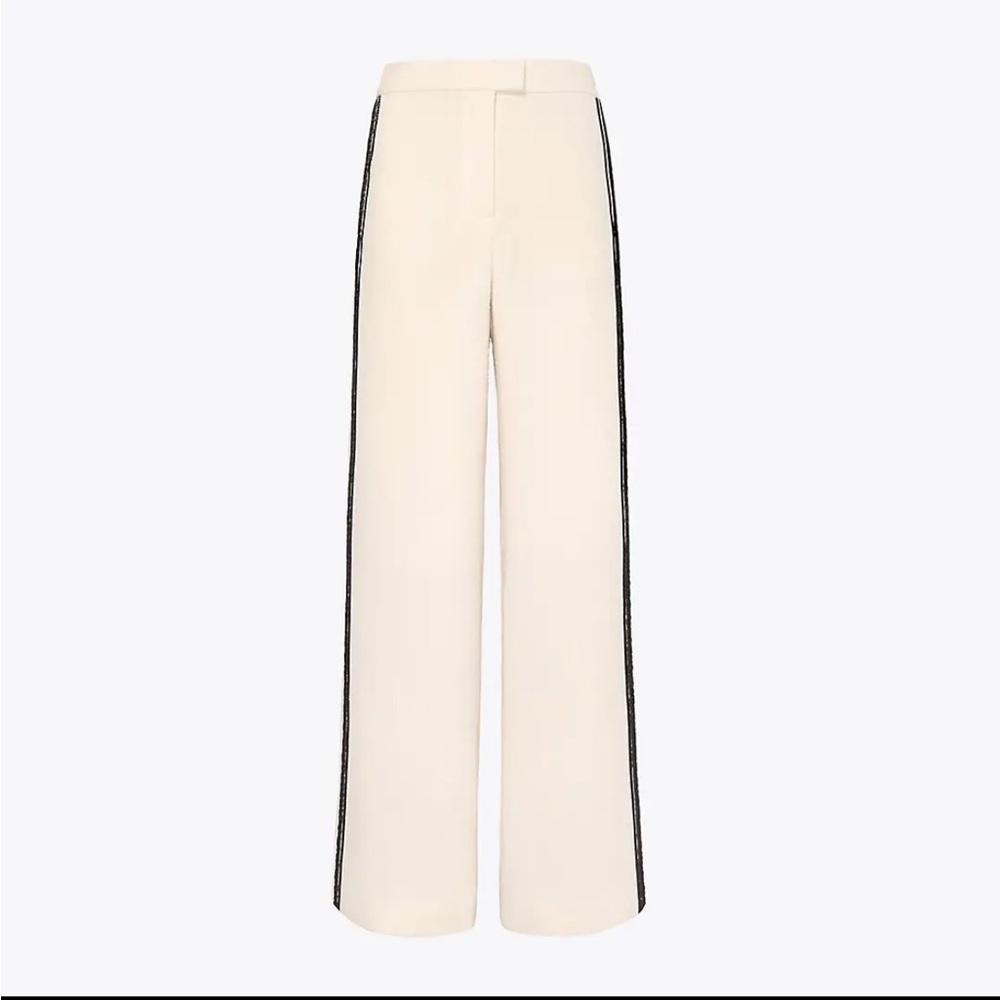 Tory Burch Cara Cream Wide-Leg Pants Black Side Stripes Medium